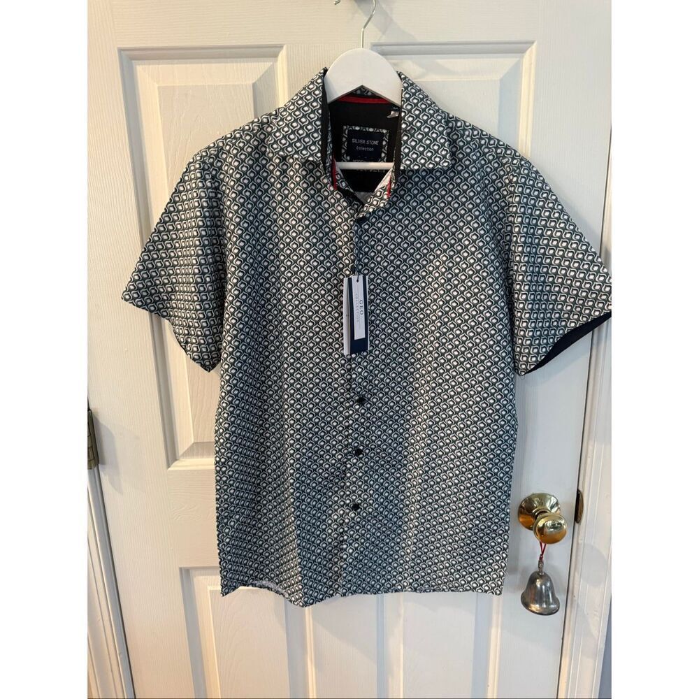 Silver Stone Geo Collection White & Green Print Button Down Shirt sz M NWT